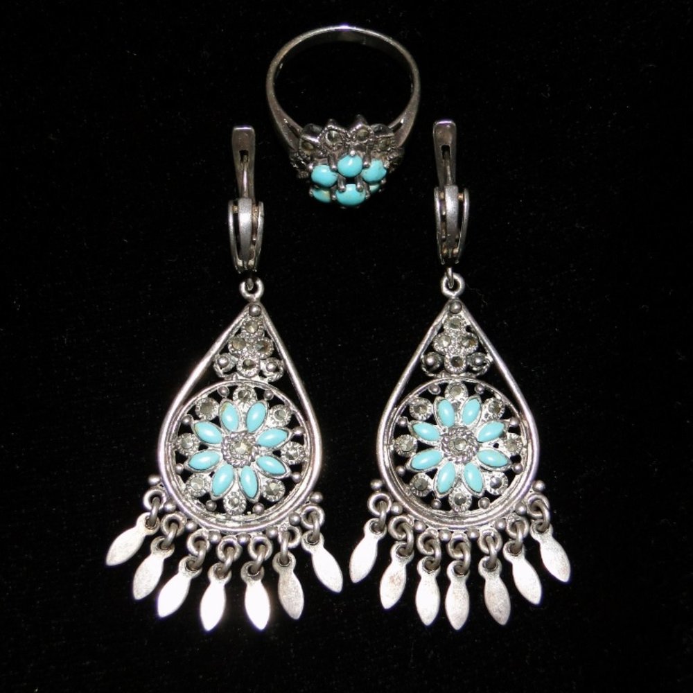 Vintage Turquoise Silver Earrings and Ring Jewelry Set. Made in Thailand.